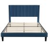 Modern Navy Blue Velvet Upholstered Platform Bed with Headboard
