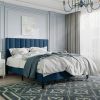 Modern Navy Blue Velvet Upholstered Platform Bed with Headboard