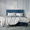 Modern Navy Blue Velvet Upholstered Platform Bed with Headboard