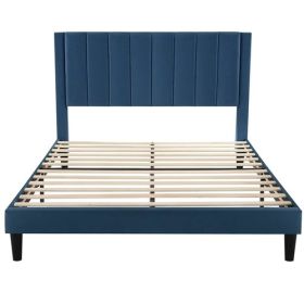 Modern Navy Blue Velvet Upholstered Platform Bed with Headboard (size: QUEEN)