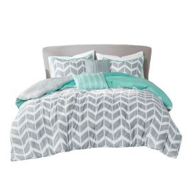 Reversible Comforter Set with Grey White Aqua Teal Chevron Pattern (size: KING)