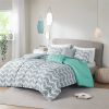 Reversible Comforter Set with Grey White Aqua Teal Chevron Pattern