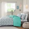 Reversible Comforter Set with Grey White Aqua Teal Chevron Pattern