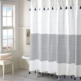 72-inch Stripes Cotton Shower Curtain with Tassels (Color: Navy/White)
