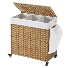 Handwoven PP Rattan 3-Bag Laundry Basket Cart with Cotton Liner on Wheels (Color: Natural)