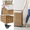 Handwoven PP Rattan 3-Bag Laundry Basket Cart with Cotton Liner on Wheels