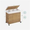 Handwoven PP Rattan 3-Bag Laundry Basket Cart with Cotton Liner on Wheels