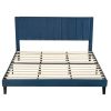 Modern Navy Blue Velvet Upholstered Platform Bed with Headboard