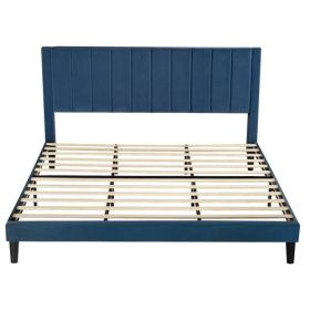 Modern Navy Blue Velvet Upholstered Platform Bed with Headboard (size: KING)
