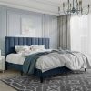 Modern Navy Blue Velvet Upholstered Platform Bed with Headboard