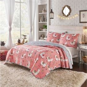 Pink Blue Reversible Floral Llama 100-Percent Cotton Quilt Set (size: FULL/QUEEN)