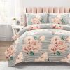 Polyester Black White Striped Rose Floral Piece Quilt Set
