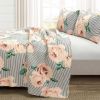 Polyester Black White Striped Rose Floral Piece Quilt Set