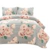 Polyester Black White Striped Rose Floral Piece Quilt Set