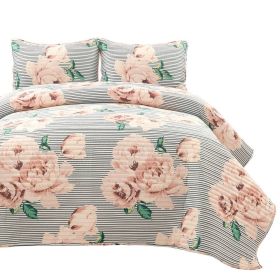 Polyester Black White Striped Rose Floral Piece Quilt Set (size: KING)