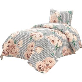 Polyester Black White Striped Rose Floral Piece Quilt Set (size: Twin/Twin XL)