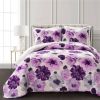 Purple Grey Flowers Lightweight Polyester Microfiber Quilt Set