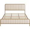 Gold Metal Platform Bed Frame with Off-White Upholstered Headboard
