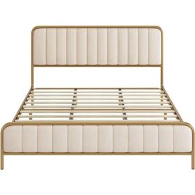 Gold Metal Platform Bed Frame with Off-White Upholstered Headboard (size: QUEEN)