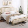 Gold Metal Platform Bed Frame with Off-White Upholstered Headboard