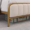 Gold Metal Platform Bed Frame with Off-White Upholstered Headboard