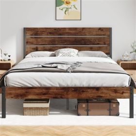 Modern Farmhouse Metal Platform Bed Frame with Brown Wood Headboard (size: QUEEN)