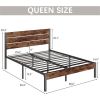 Modern Farmhouse Metal Platform Bed Frame with Brown Wood Headboard