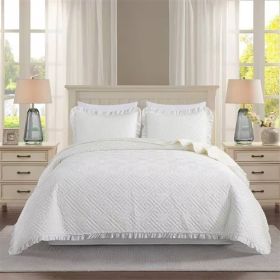 Ivory White Velvet Microfiber Polyester Reversible 3-Piece Quilt Set (size: QUEEN)