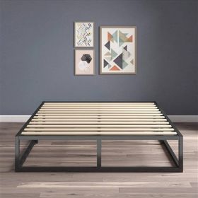 10-inch Low Profile Modern Metal Wood Slat Platform Bed Frame (size: QUEEN)