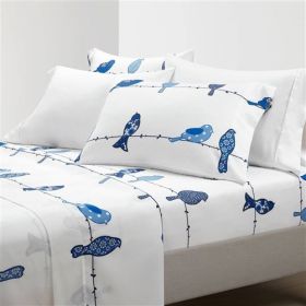 Blue White Floral Birds on Wire Soft Polyester 6 Piece Sheet Set (size: QUEEN)