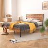 Industrial Platform Bed Frame with Brown Wood Slatted Headboard Footboard