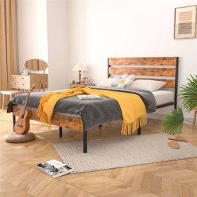 Industrial Platform Bed Frame with Brown Wood Slatted Headboard Footboard (size: QUEEN)