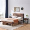 Industrial Platform Bed Frame with Brown Wood Slatted Headboard Footboard