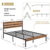 Industrial Platform Bed Frame with Brown Wood Slatted Headboard Footboard