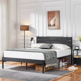 Industrial Platform Bed Frame with Wood Slatted Headboard in Black (size: QUEEN)