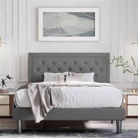 Dark Grey Linen Upholstered Platform Bed with Button-Tufted Headboard (size: QUEEN)