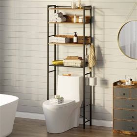 Over the Toilet Storage Freestanding Modern Metal Wood Shelving Unit (Color: Black)