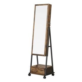 Modern Black Metal Wood Jewelry Armoire Cabinet Organizer Mirror on Wheels (Color: brown)