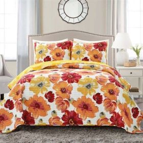 Red Orange Flowers Lightweight Polyester Microfiber Quilt Set (size: FULL/QUEEN)