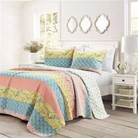 Blue Yellow Pink Ivory Boho Floral Reversible Lightweight Quilt Set (size: FULL/QUEEN)