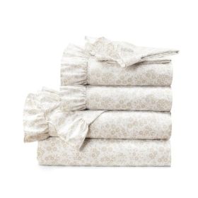 Tan White Floral Ruffle Polyester 6 Piece Sheet Set (size: QUEEN)