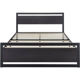 Black Metal Platform Bed Frame with Wood Panel Headboard and Footboard (size: Full)