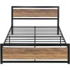 Metal Platform Bed Frame with Brown Wood Panel Headboard and Footboard