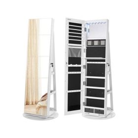 Wood Jewelry Cabinet Armoire Organizer Freestanding Rotating Mirror (Color: White)