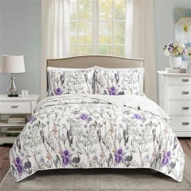 Lightweight Purple Grey White Floral Quilt Set (size: KING)