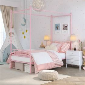 French Country Style Four Poster Metal Canopy Bed in Pink Finish (size: TWIN)