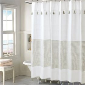 72-inch Stripes Cotton Shower Curtain with Tassels (Color: Taupe Tan/White)