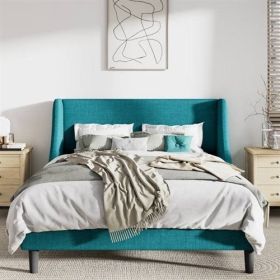 Turquoise Linen Blend Upholstered Platform Bed with Wingback Headboard (size: Full)