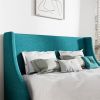 Turquoise Linen Blend Upholstered Platform Bed with Wingback Headboard