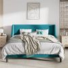 Turquoise Linen Blend Upholstered Platform Bed with Wingback Headboard